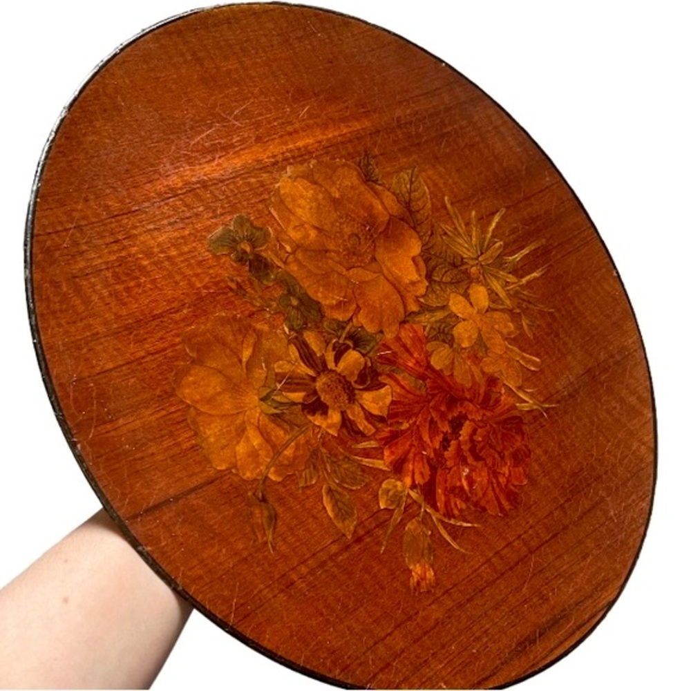 Vintage Wood Serving Tray Round Antique Floral Decoupage Mid Century Walnut